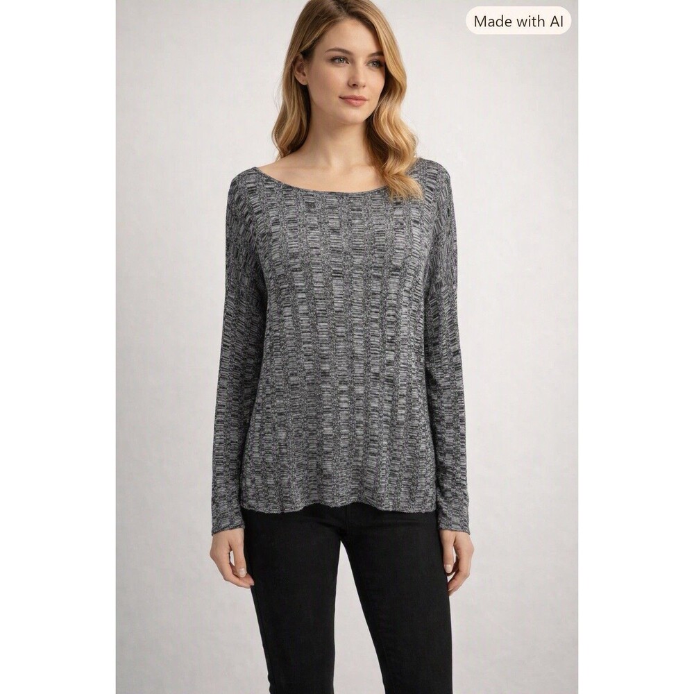 Eileen Fisher Silk Organic Linen Knit Sweater L Black White Textured Boxy Top